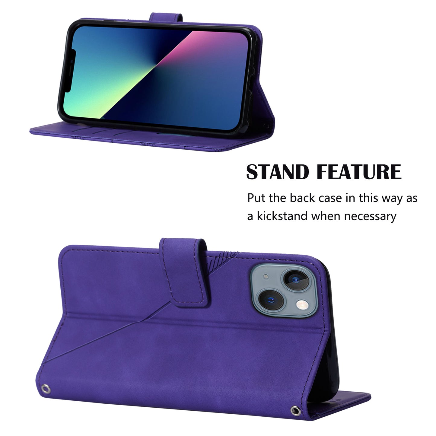 YB Imprinting Series-2 for iPhone 15 Imprinted Stand Cover PU Leather Wallet Phone Case with Shoulder Strap - Purple