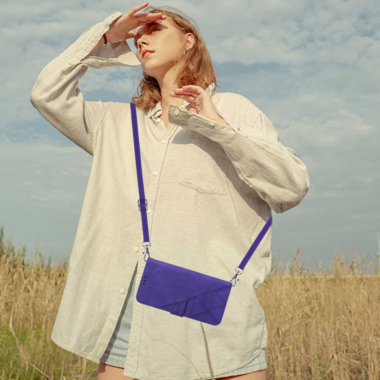 YB Imprinting Series-2 for iPhone 15 Imprinted Stand Cover PU Leather Wallet Phone Case with Shoulder Strap - Purple