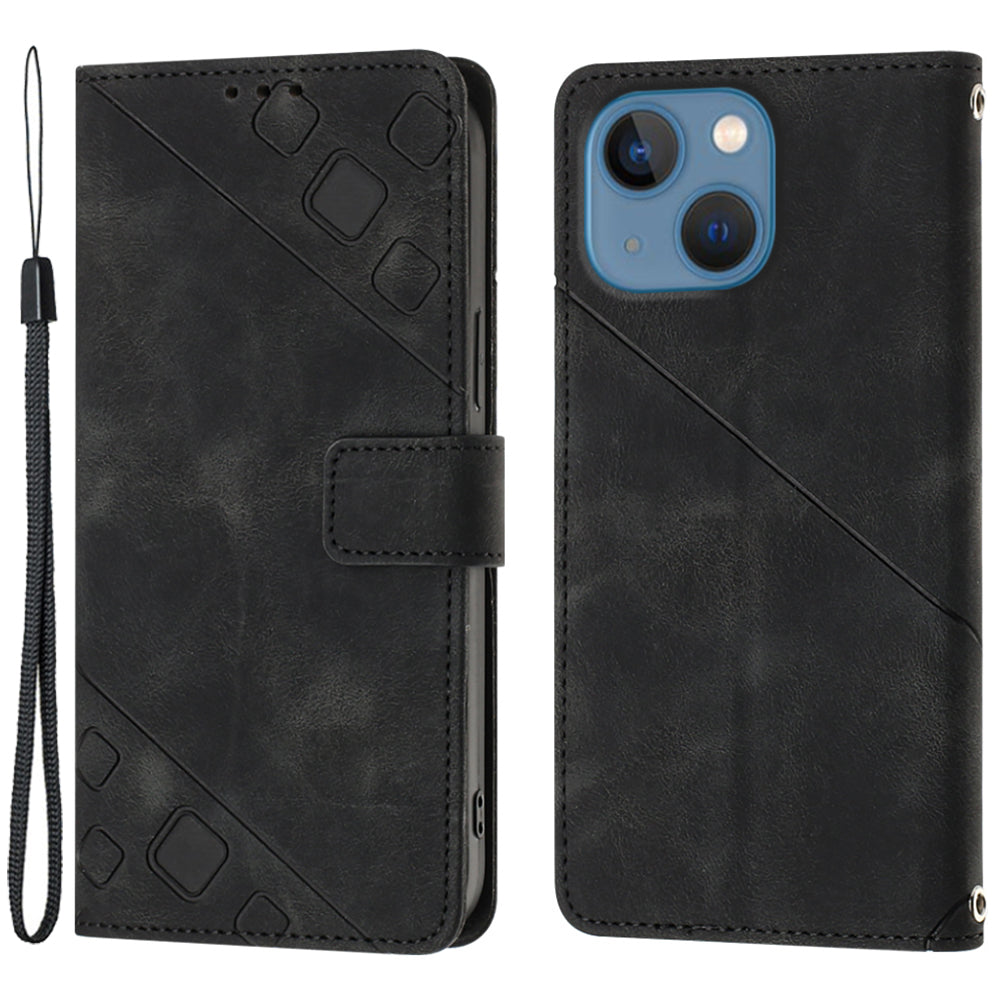 PT005 YB Imprinting Series-6 For iPhone 15 Shockproof Cover Shell Skin-Touch PU Leather Stand Wallet Phone Case - Black