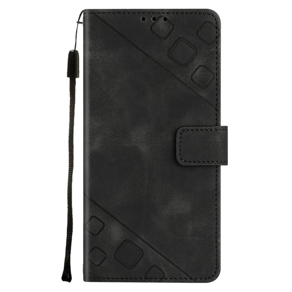 PT005 YB Imprinting Series-6 For iPhone 15 Shockproof Cover Shell Skin-Touch PU Leather Stand Wallet Phone Case - Black