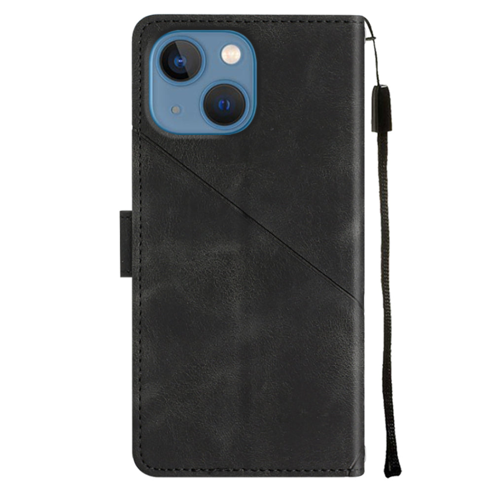 PT005 YB Imprinting Series-6 For iPhone 15 Shockproof Cover Shell Skin-Touch PU Leather Stand Wallet Phone Case - Black
