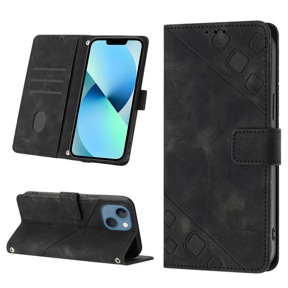 PT005 YB Imprinting Series-6 For iPhone 15 Shockproof Cover Shell Skin-Touch PU Leather Stand Wallet Phone Case - Black