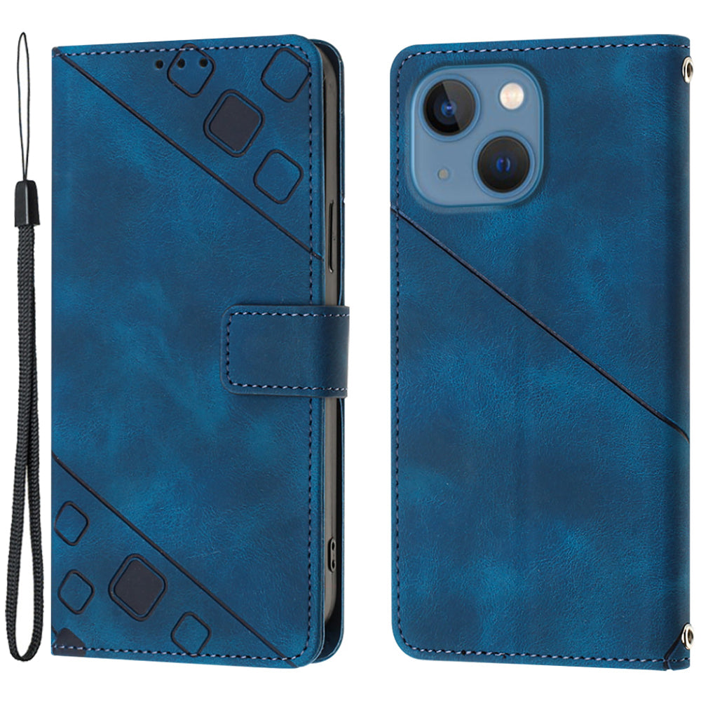 PT005 YB Imprinting Series-6 For iPhone 15 Shockproof Cover Shell Skin-Touch PU Leather Stand Wallet Phone Case - Sapphire