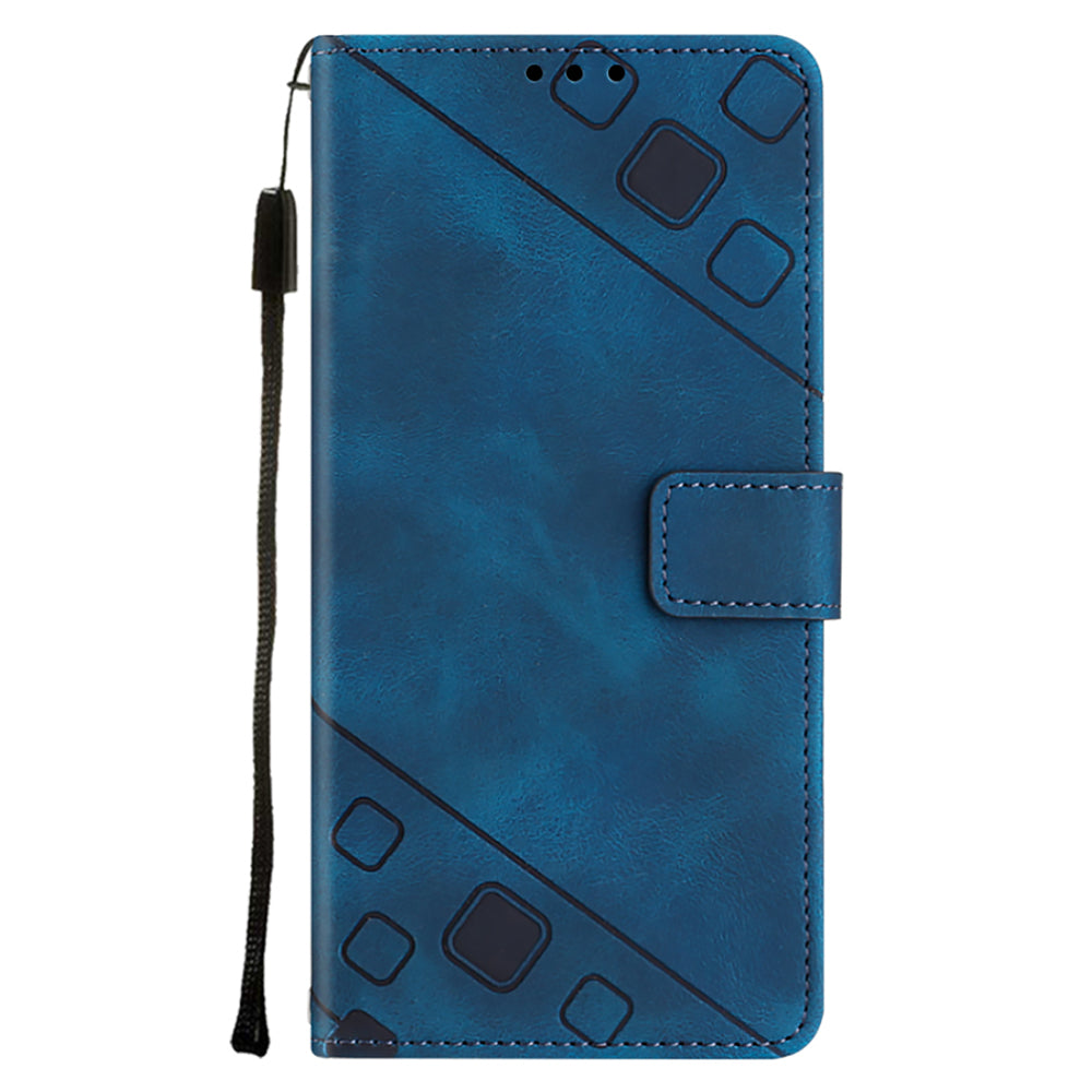 PT005 YB Imprinting Series-6 For iPhone 15 Shockproof Cover Shell Skin-Touch PU Leather Stand Wallet Phone Case - Sapphire