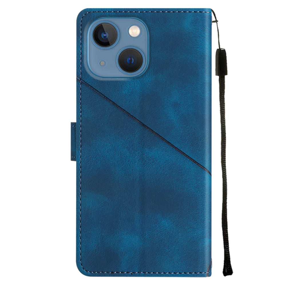 PT005 YB Imprinting Series-6 For iPhone 15 Shockproof Cover Shell Skin-Touch PU Leather Stand Wallet Phone Case - Sapphire