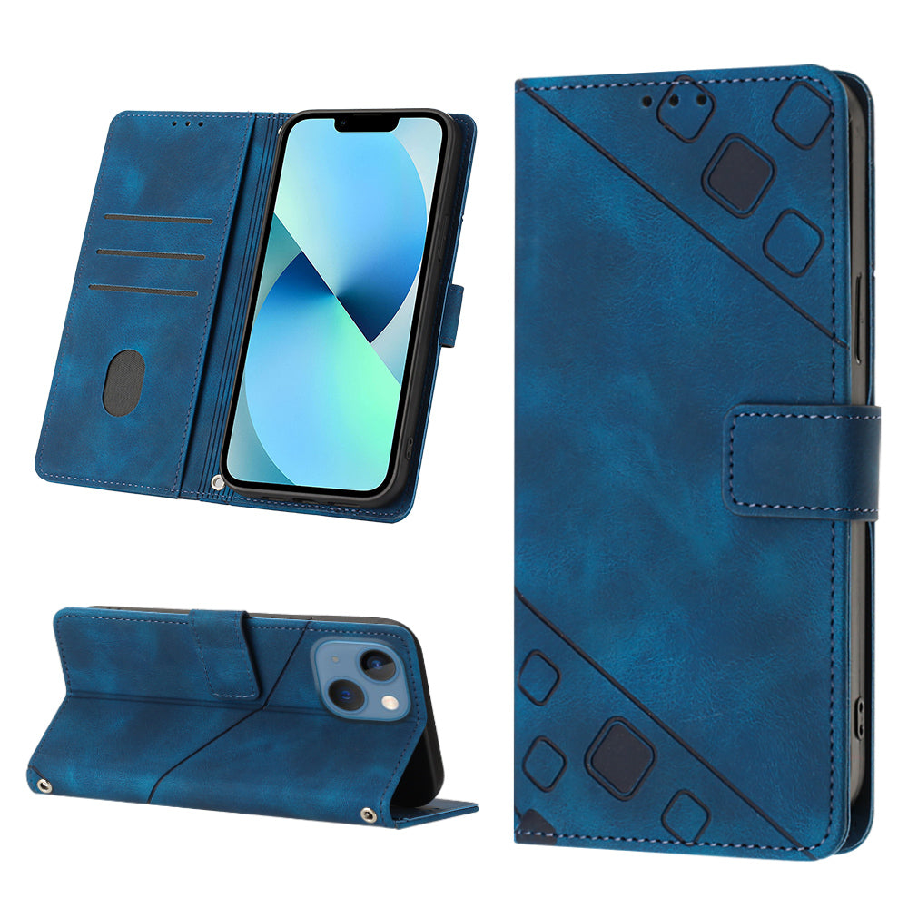 PT005 YB Imprinting Series-6 For iPhone 15 Shockproof Cover Shell Skin-Touch PU Leather Stand Wallet Phone Case - Sapphire