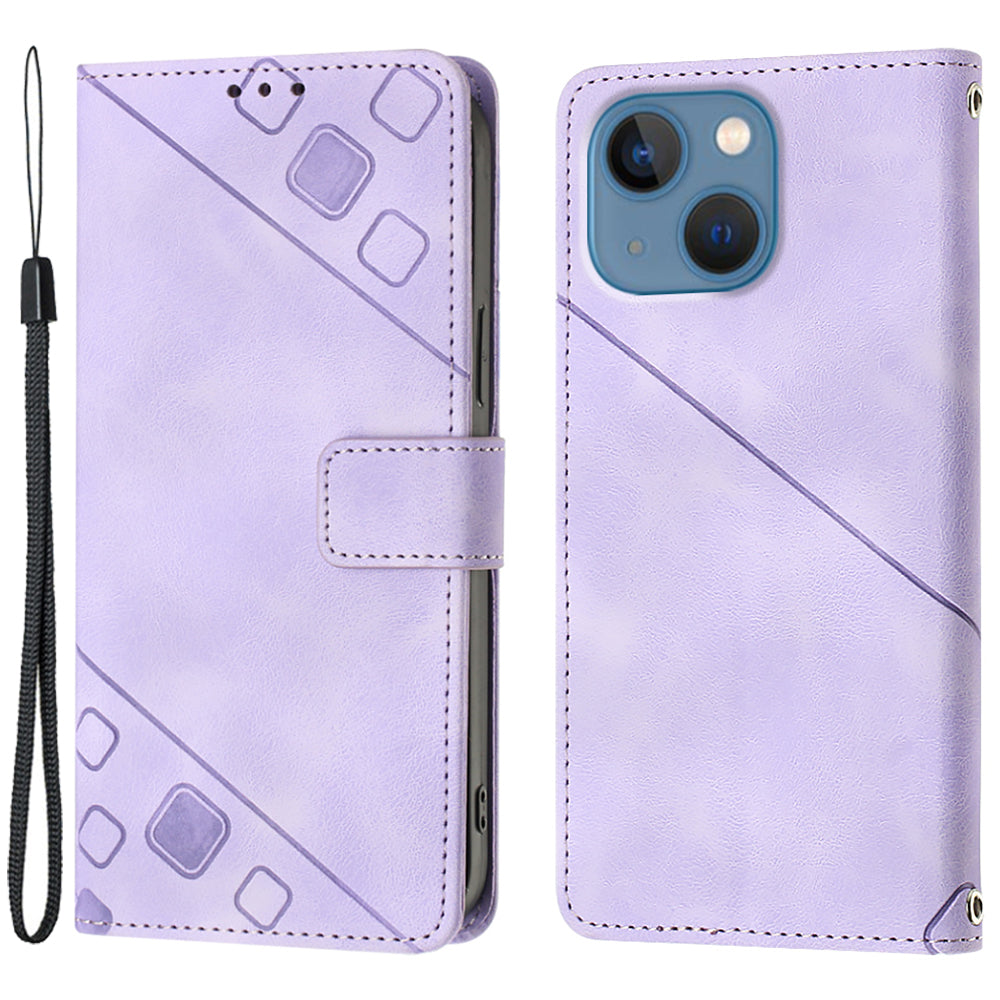 PT005 YB Imprinting Series-6 For iPhone 15 Shockproof Cover Shell Skin-Touch PU Leather Stand Wallet Phone Case - Light Purple