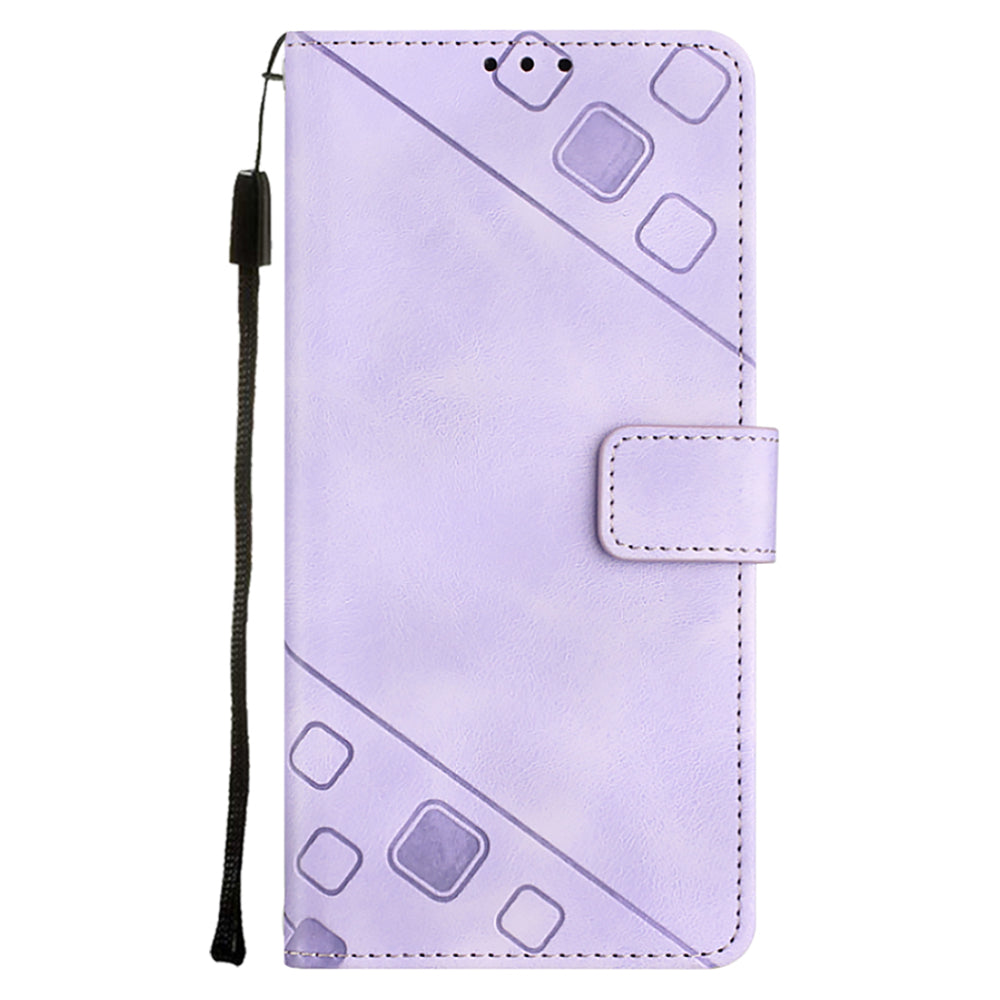 PT005 YB Imprinting Series-6 For iPhone 15 Shockproof Cover Shell Skin-Touch PU Leather Stand Wallet Phone Case - Light Purple