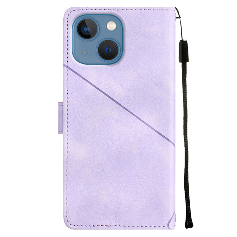 PT005 YB Imprinting Series-6 For iPhone 15 Shockproof Cover Shell Skin-Touch PU Leather Stand Wallet Phone Case - Light Purple