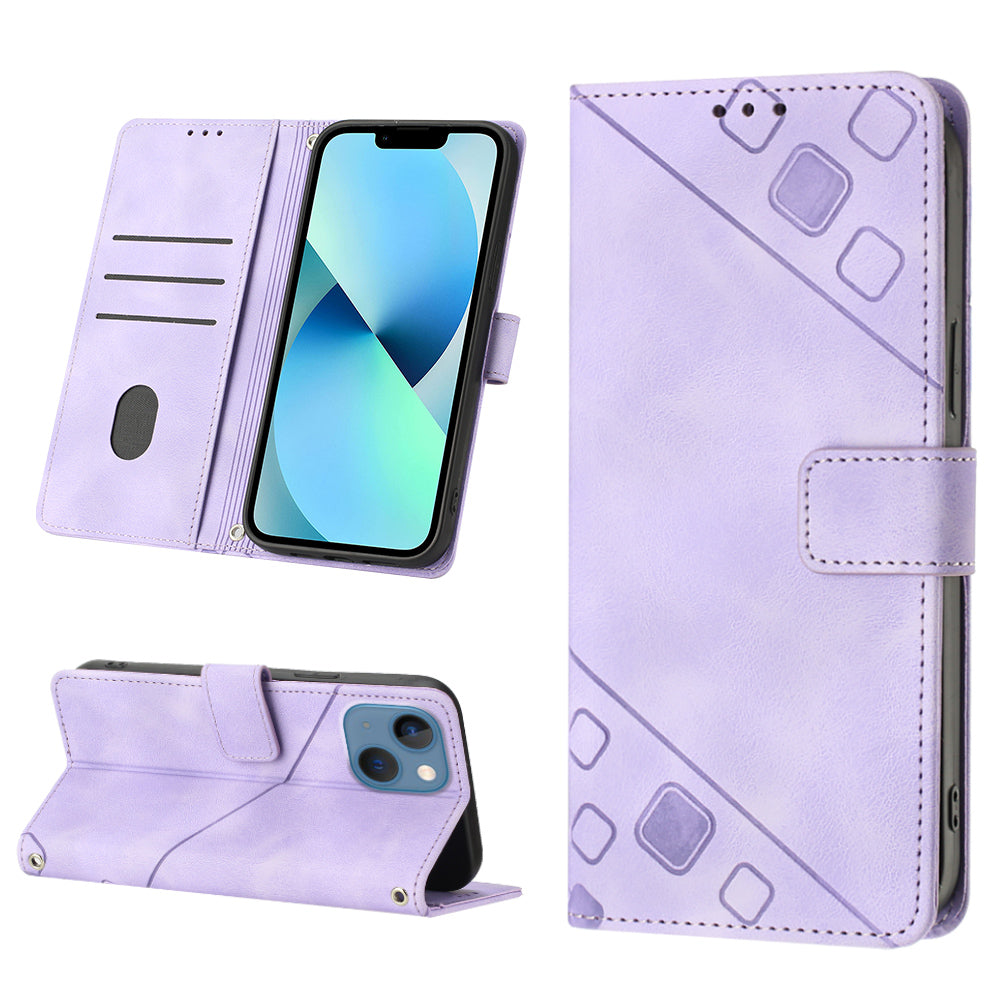 PT005 YB Imprinting Series-6 For iPhone 15 Shockproof Cover Shell Skin-Touch PU Leather Stand Wallet Phone Case - Light Purple