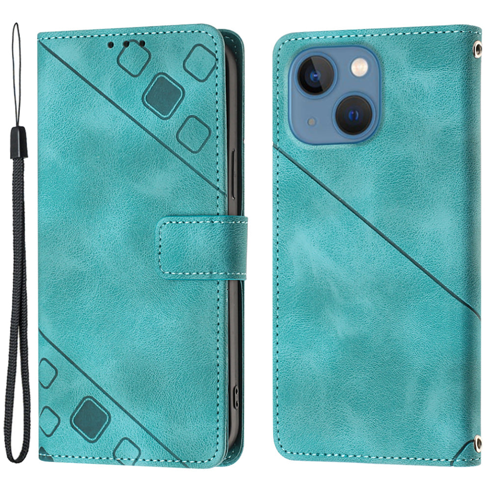 PT005 YB Imprinting Series-6 For iPhone 15 Shockproof Cover Shell Skin-Touch PU Leather Stand Wallet Phone Case - Green