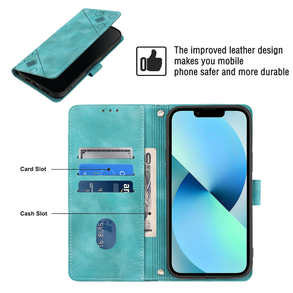 PT005 YB Imprinting Series-6 For iPhone 15 Shockproof Cover Shell Skin-Touch PU Leather Stand Wallet Phone Case - Green