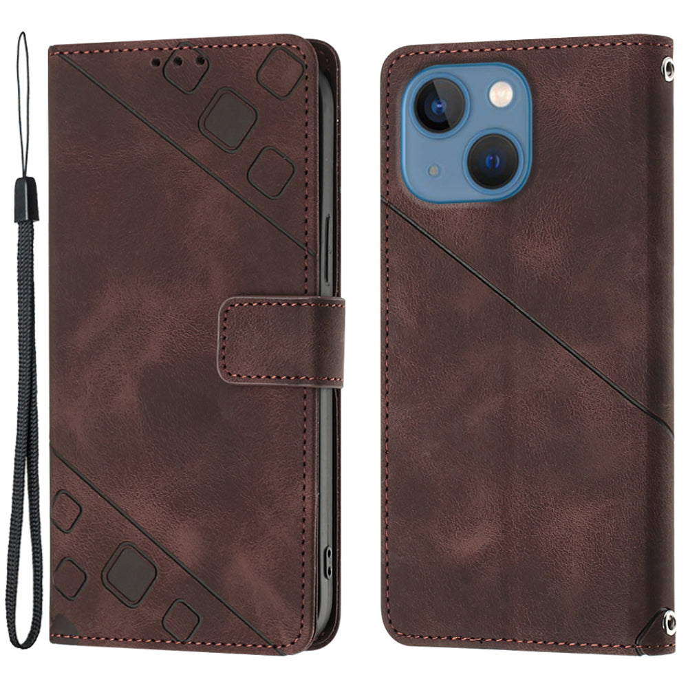 PT005 YB Imprinting Series-6 For iPhone 15 Shockproof Cover Shell Skin-Touch PU Leather Stand Wallet Phone Case - Brown