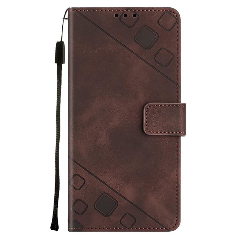 PT005 YB Imprinting Series-6 For iPhone 15 Shockproof Cover Shell Skin-Touch PU Leather Stand Wallet Phone Case - Brown