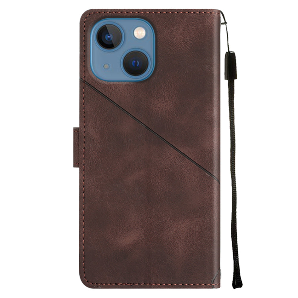 PT005 YB Imprinting Series-6 For iPhone 15 Shockproof Cover Shell Skin-Touch PU Leather Stand Wallet Phone Case - Brown