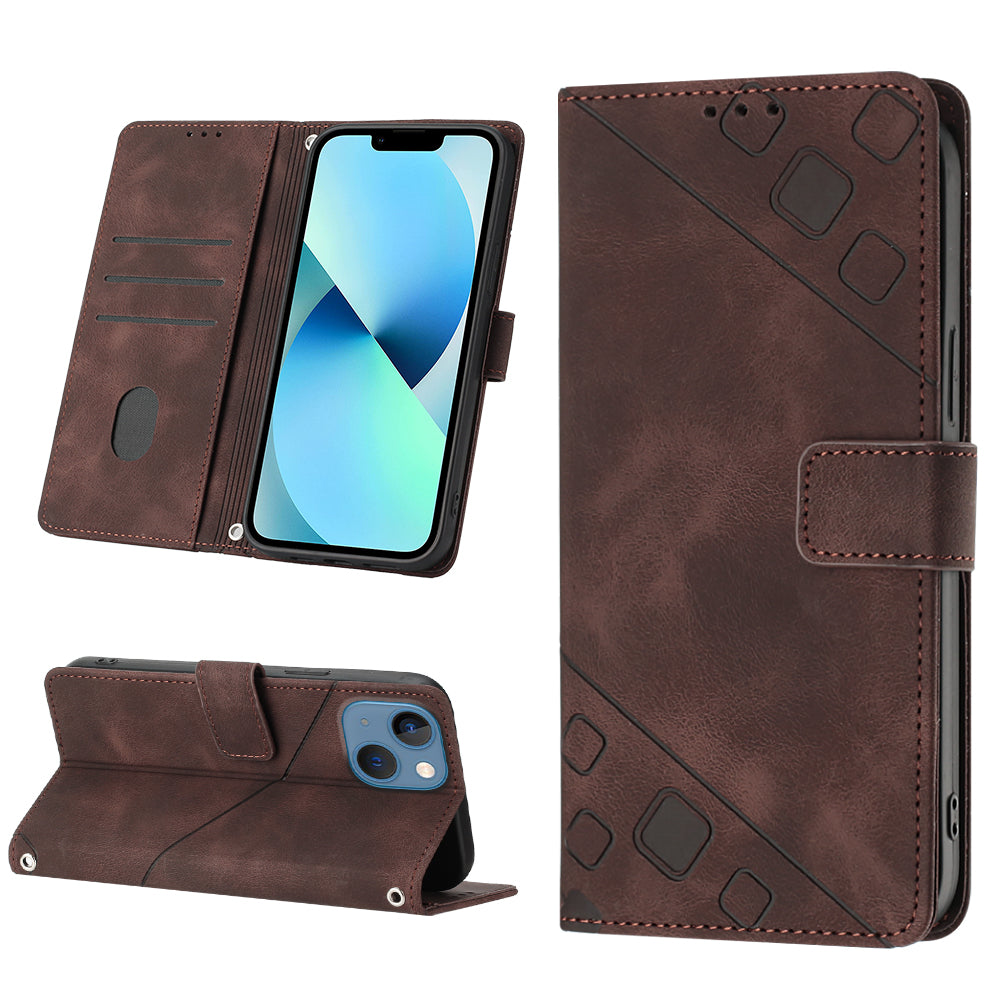 PT005 YB Imprinting Series-6 For iPhone 15 Shockproof Cover Shell Skin-Touch PU Leather Stand Wallet Phone Case - Brown
