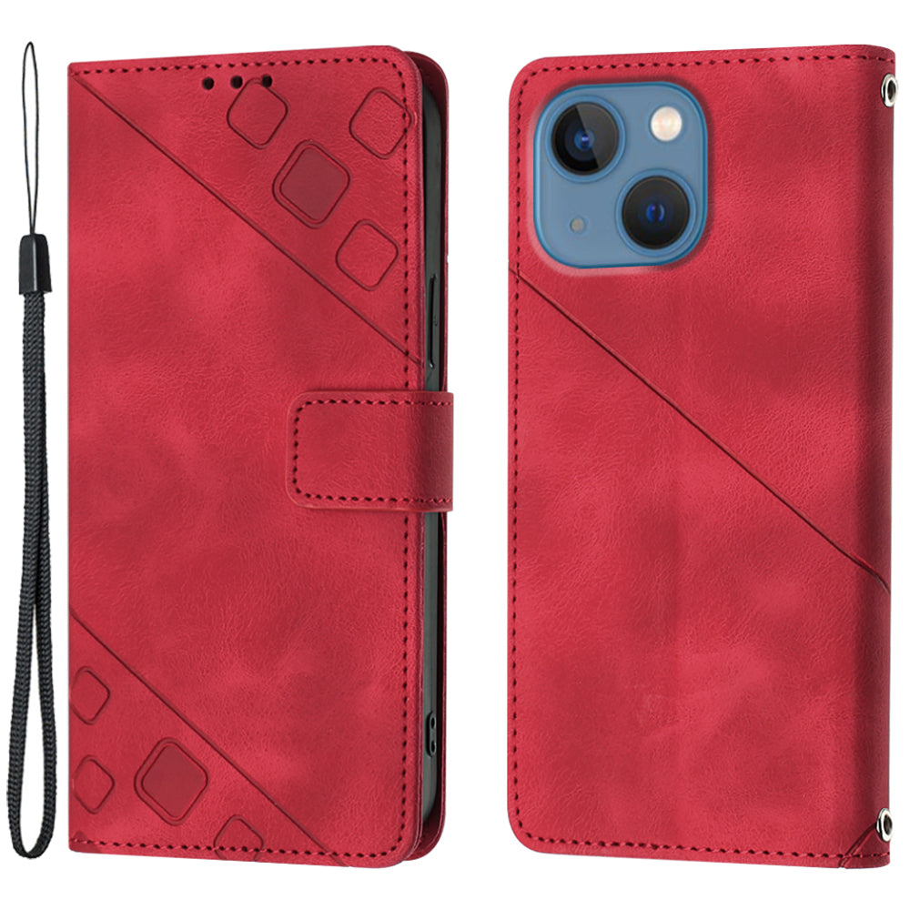PT005 YB Imprinting Series-6 For iPhone 15 Shockproof Cover Shell Skin-Touch PU Leather Stand Wallet Phone Case - Red