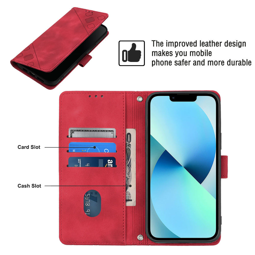 PT005 YB Imprinting Series-6 For iPhone 15 Shockproof Cover Shell Skin-Touch PU Leather Stand Wallet Phone Case - Red