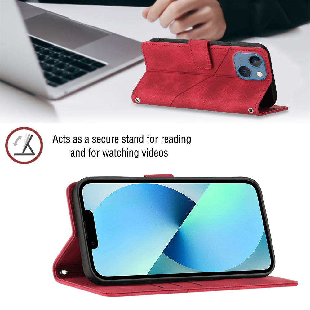PT005 YB Imprinting Series-6 For iPhone 15 Shockproof Cover Shell Skin-Touch PU Leather Stand Wallet Phone Case - Red
