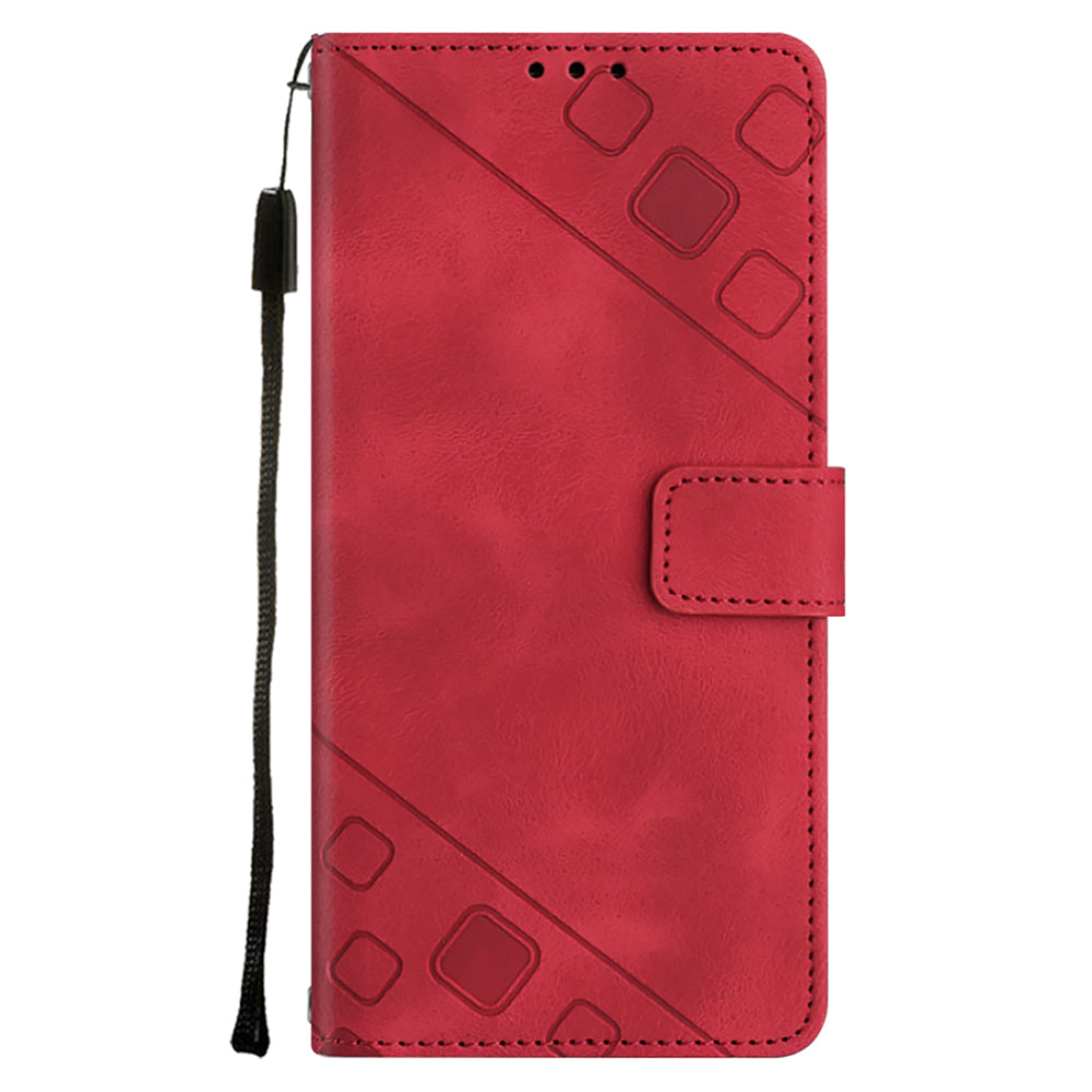PT005 YB Imprinting Series-6 For iPhone 15 Shockproof Cover Shell Skin-Touch PU Leather Stand Wallet Phone Case - Red