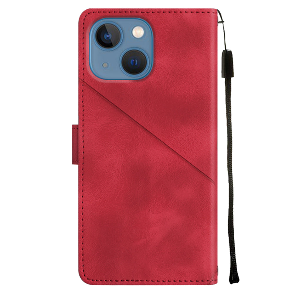 PT005 YB Imprinting Series-6 For iPhone 15 Shockproof Cover Shell Skin-Touch PU Leather Stand Wallet Phone Case - Red