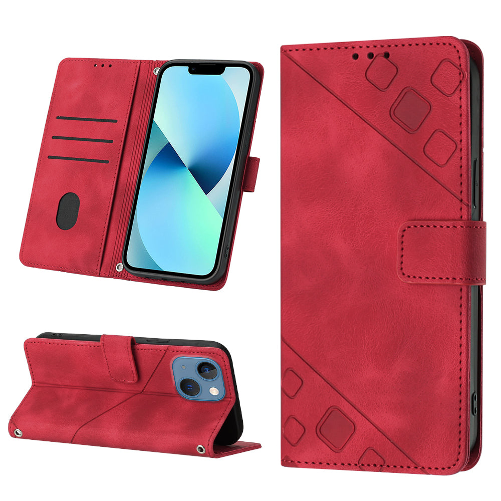 PT005 YB Imprinting Series-6 For iPhone 15 Shockproof Cover Shell Skin-Touch PU Leather Stand Wallet Phone Case - Red