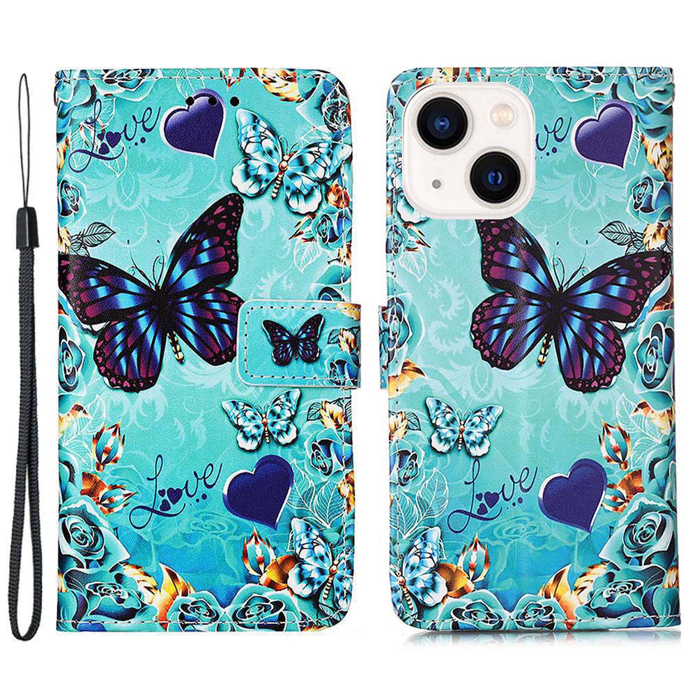 YB Pattern Printing Leather Series-4 for iPhone 15 Wallet Phone Case PU Leather Stand Cover - Butterfly and Heart