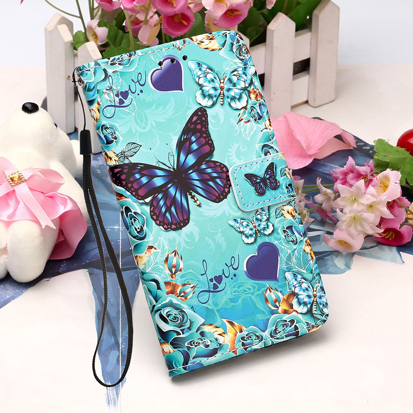 YB Pattern Printing Leather Series-4 for iPhone 15 Wallet Phone Case PU Leather Stand Cover - Butterfly and Heart
