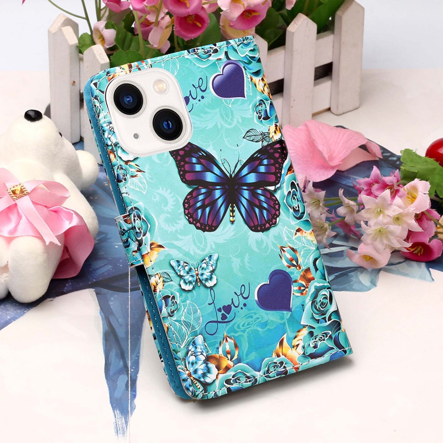 YB Pattern Printing Leather Series-4 for iPhone 15 Wallet Phone Case PU Leather Stand Cover - Butterfly and Heart