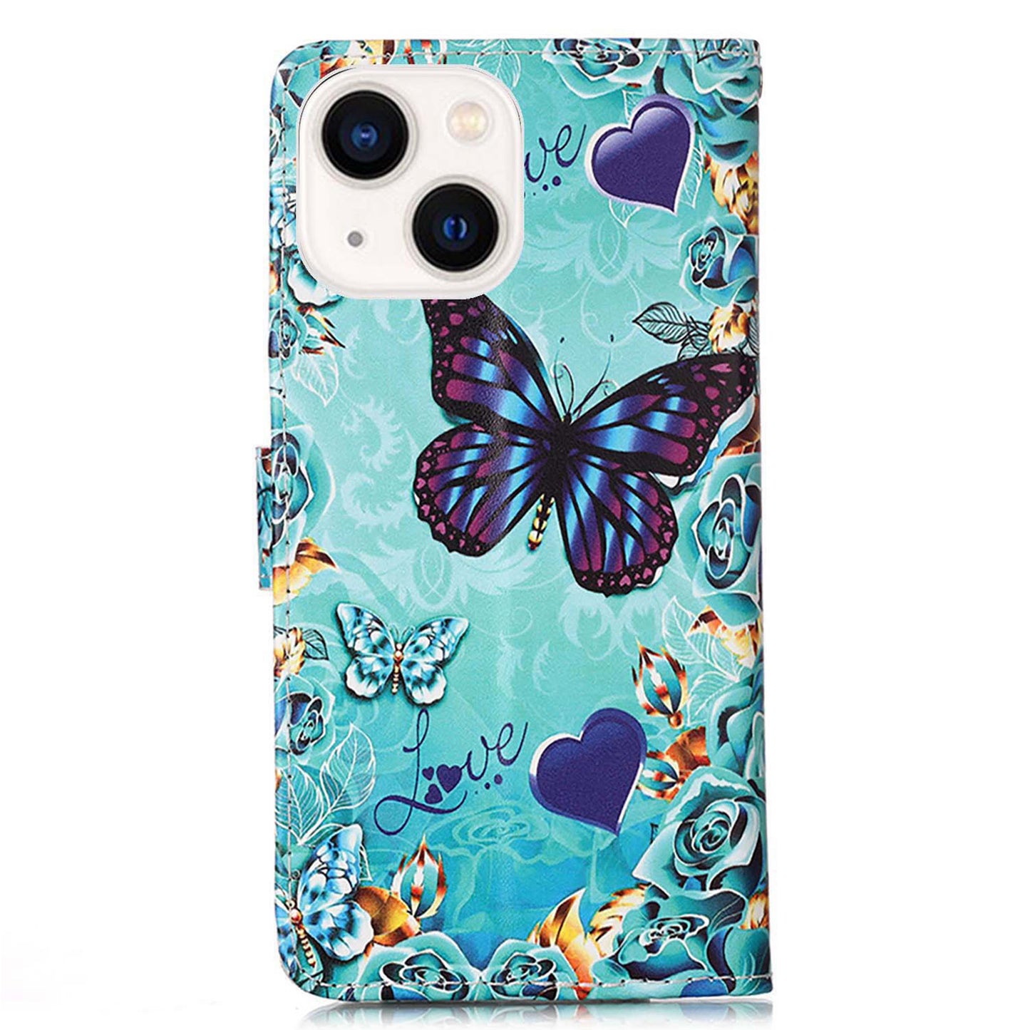 YB Pattern Printing Leather Series-4 for iPhone 15 Wallet Phone Case PU Leather Stand Cover - Butterfly and Heart