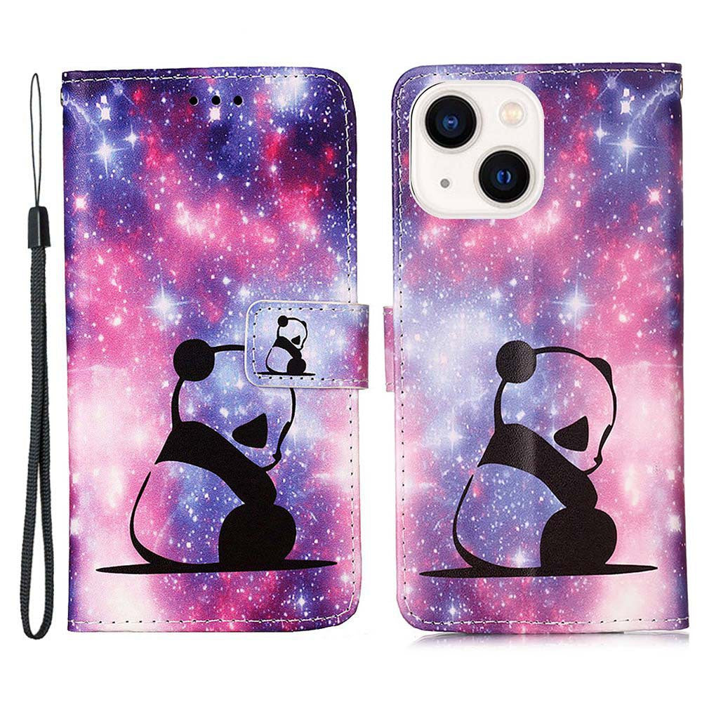 YB Pattern Printing Leather Series-4 for iPhone 15 Wallet Phone Case PU Leather Stand Cover - Baby Panda
