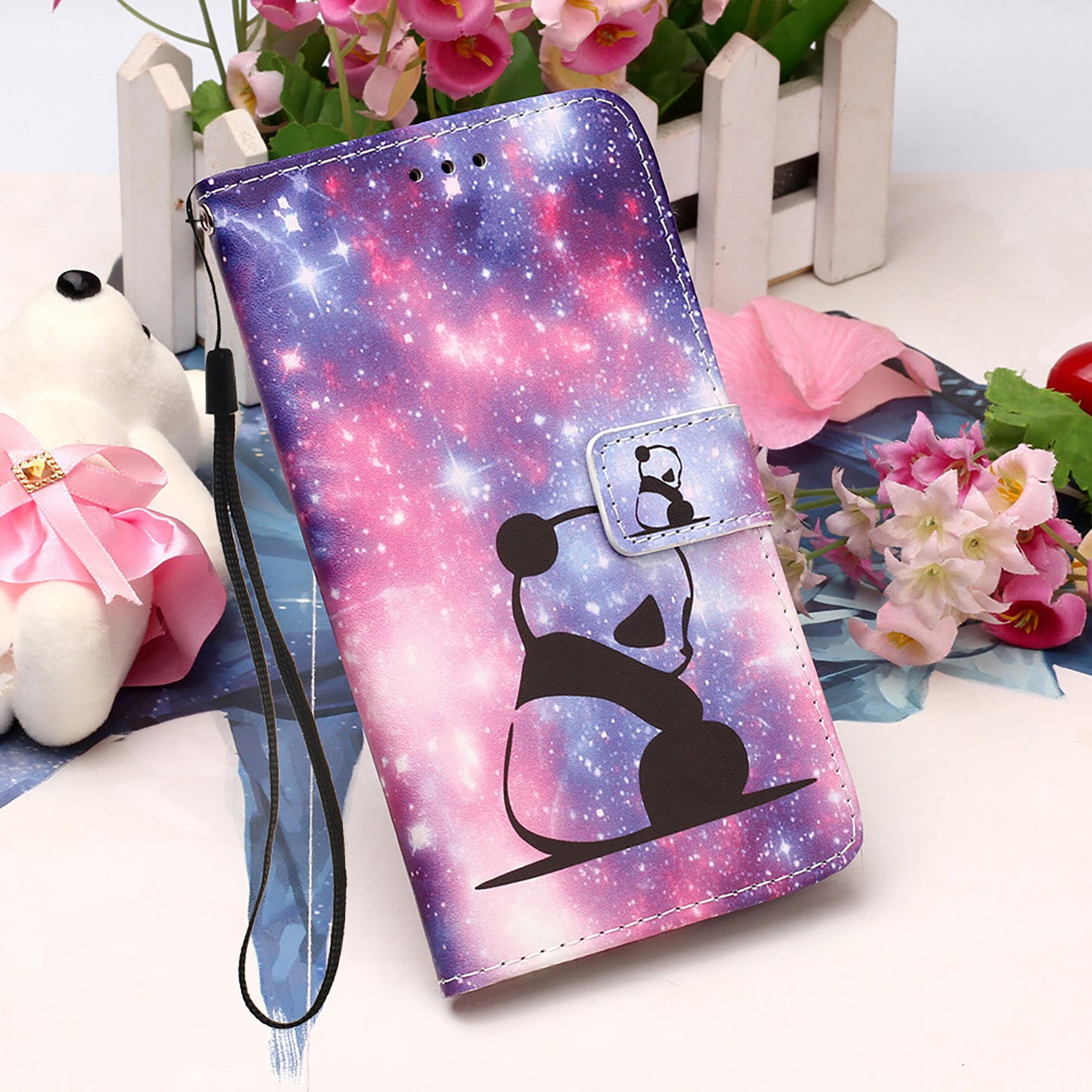 YB Pattern Printing Leather Series-4 for iPhone 15 Wallet Phone Case PU Leather Stand Cover - Baby Panda