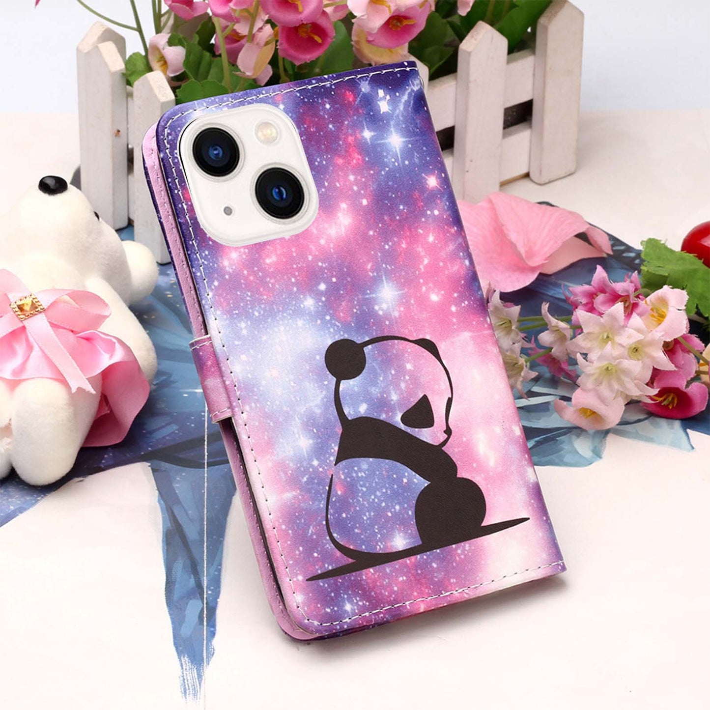 YB Pattern Printing Leather Series-4 for iPhone 15 Wallet Phone Case PU Leather Stand Cover - Baby Panda