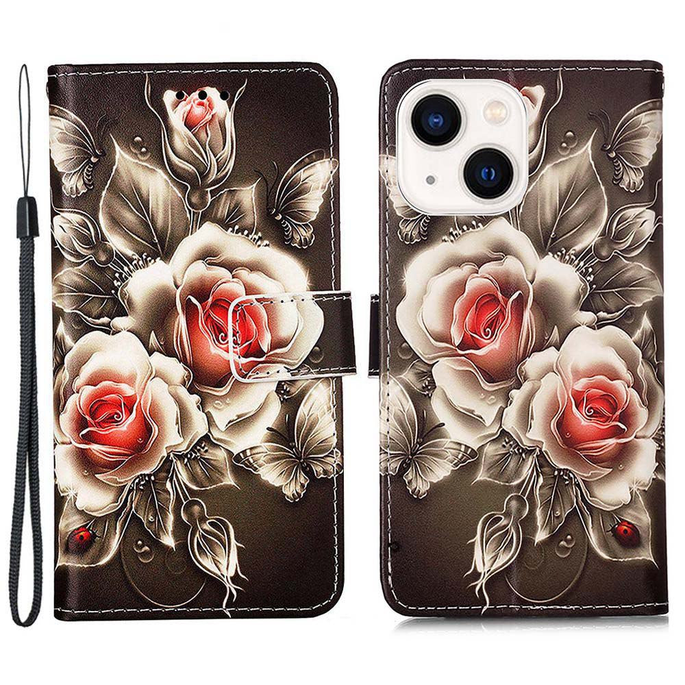 YB Pattern Printing Leather Series-4 for iPhone 15 Wallet Phone Case PU Leather Stand Cover - Rose
