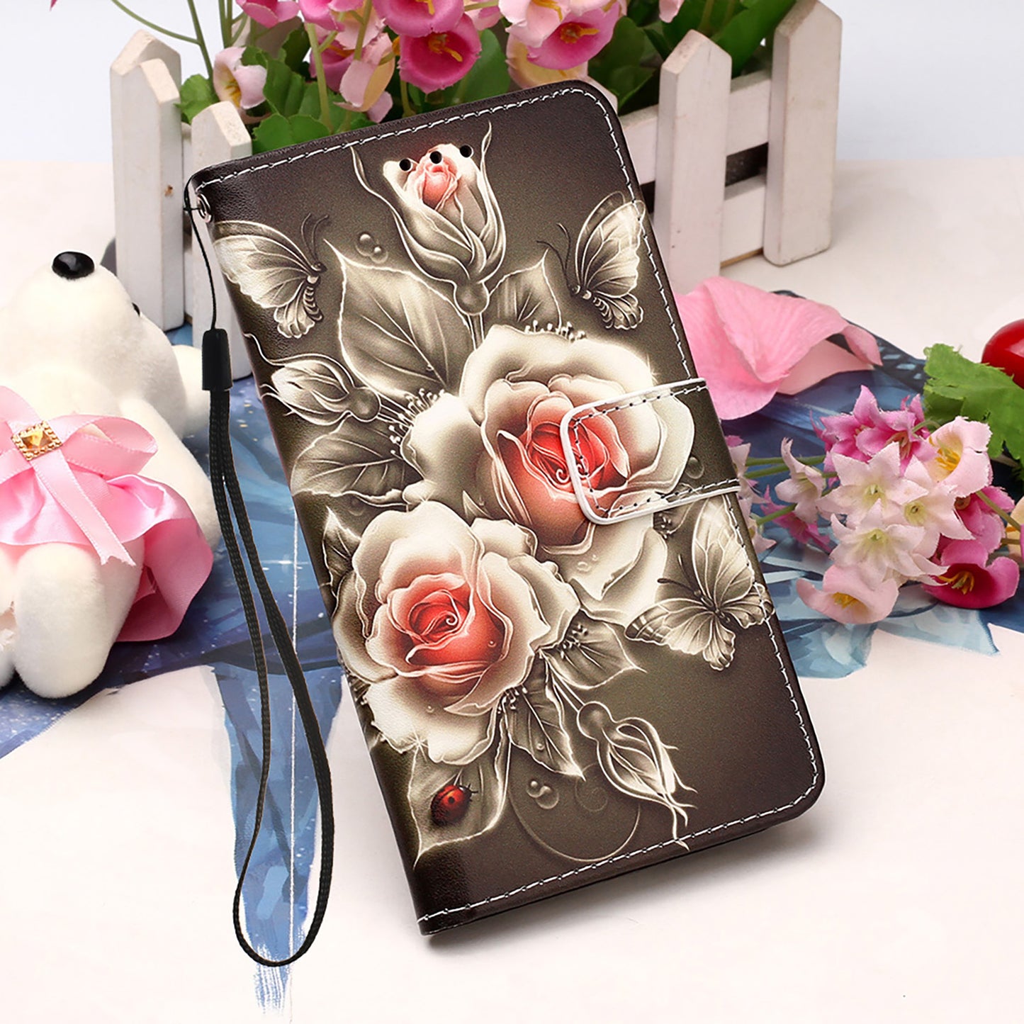 YB Pattern Printing Leather Series-4 for iPhone 15 Wallet Phone Case PU Leather Stand Cover - Rose