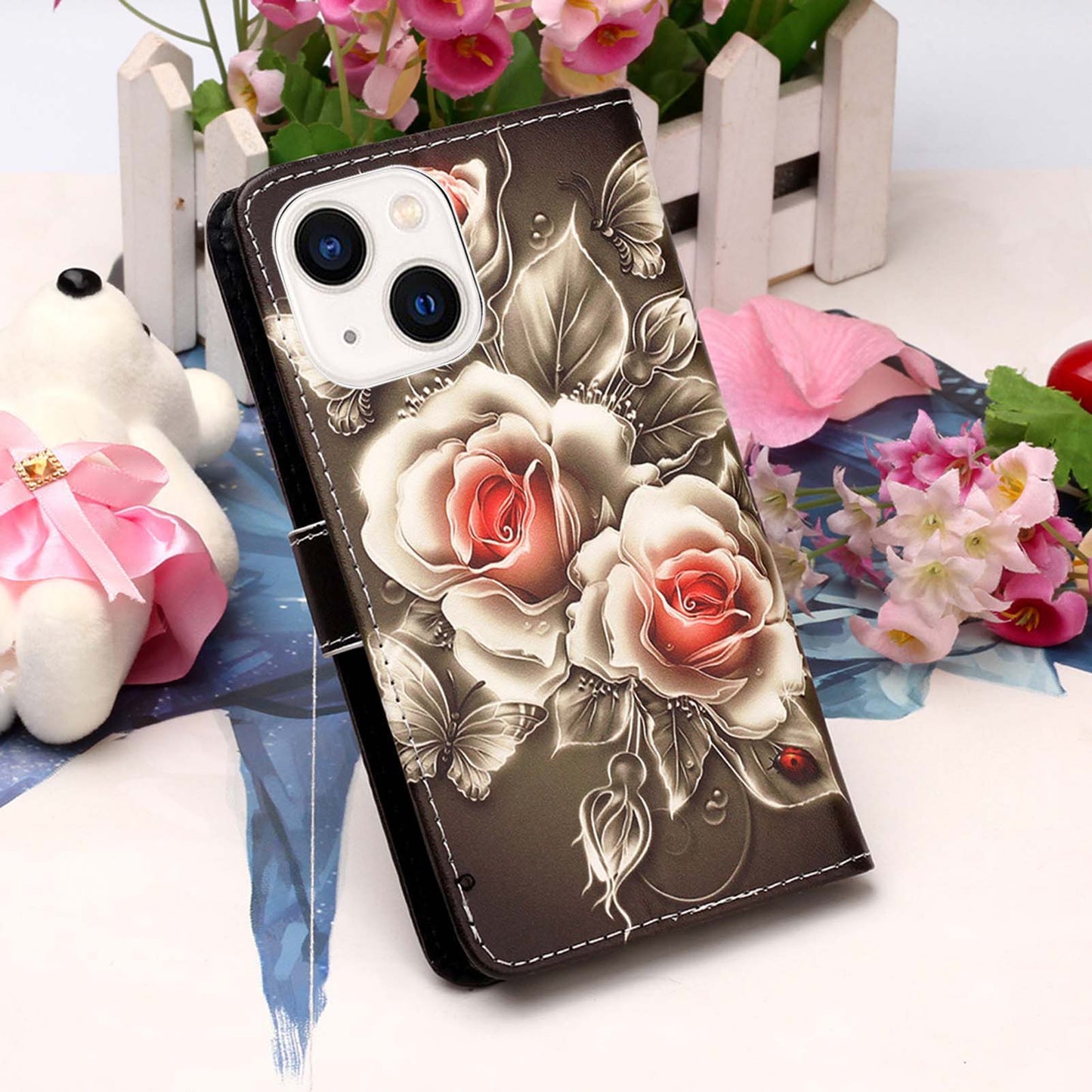 YB Pattern Printing Leather Series-4 for iPhone 15 Wallet Phone Case PU Leather Stand Cover - Rose