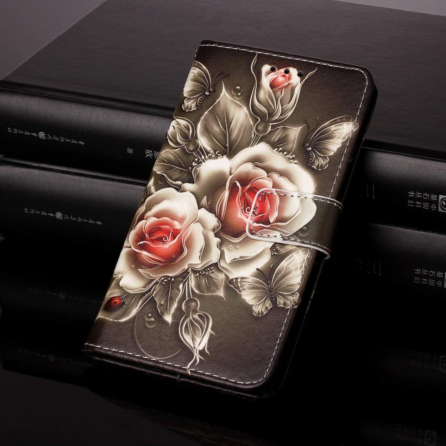 YB Pattern Printing Leather Series-4 for iPhone 15 Wallet Phone Case PU Leather Stand Cover - Rose