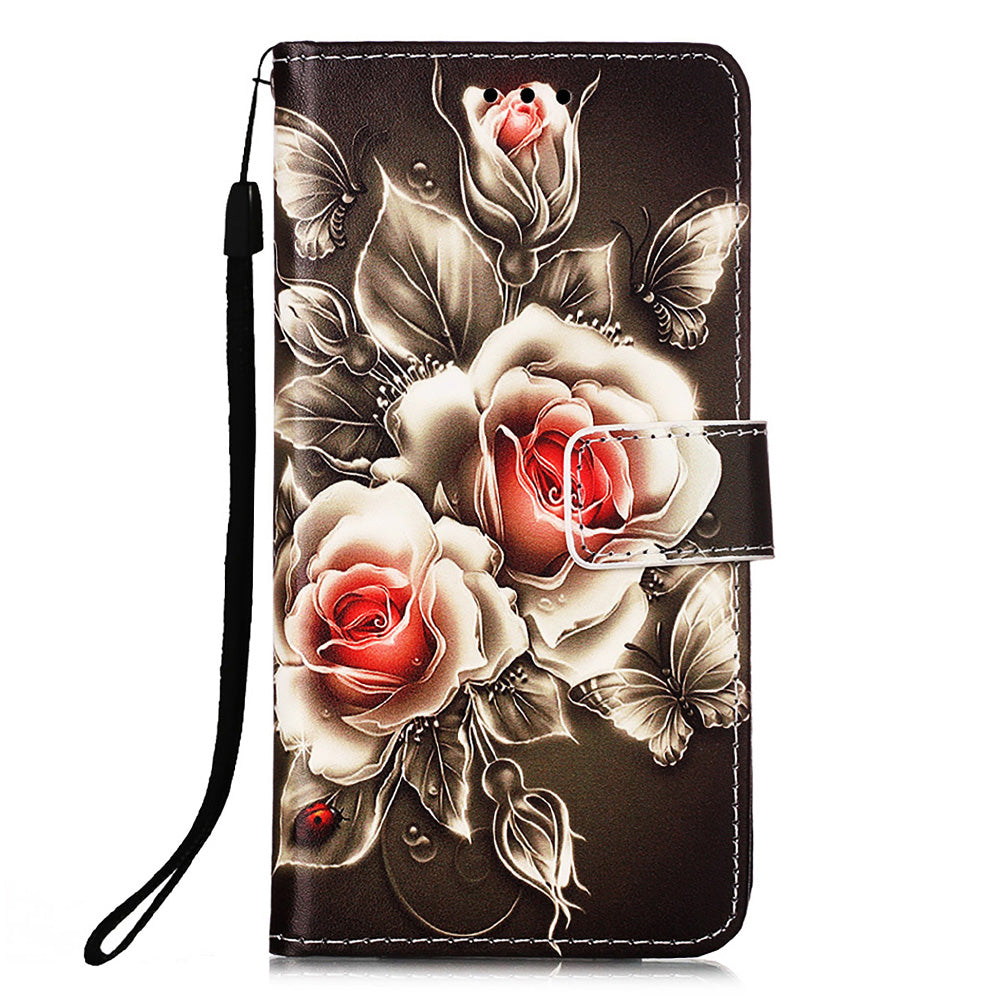 YB Pattern Printing Leather Series-4 for iPhone 15 Wallet Phone Case PU Leather Stand Cover - Rose
