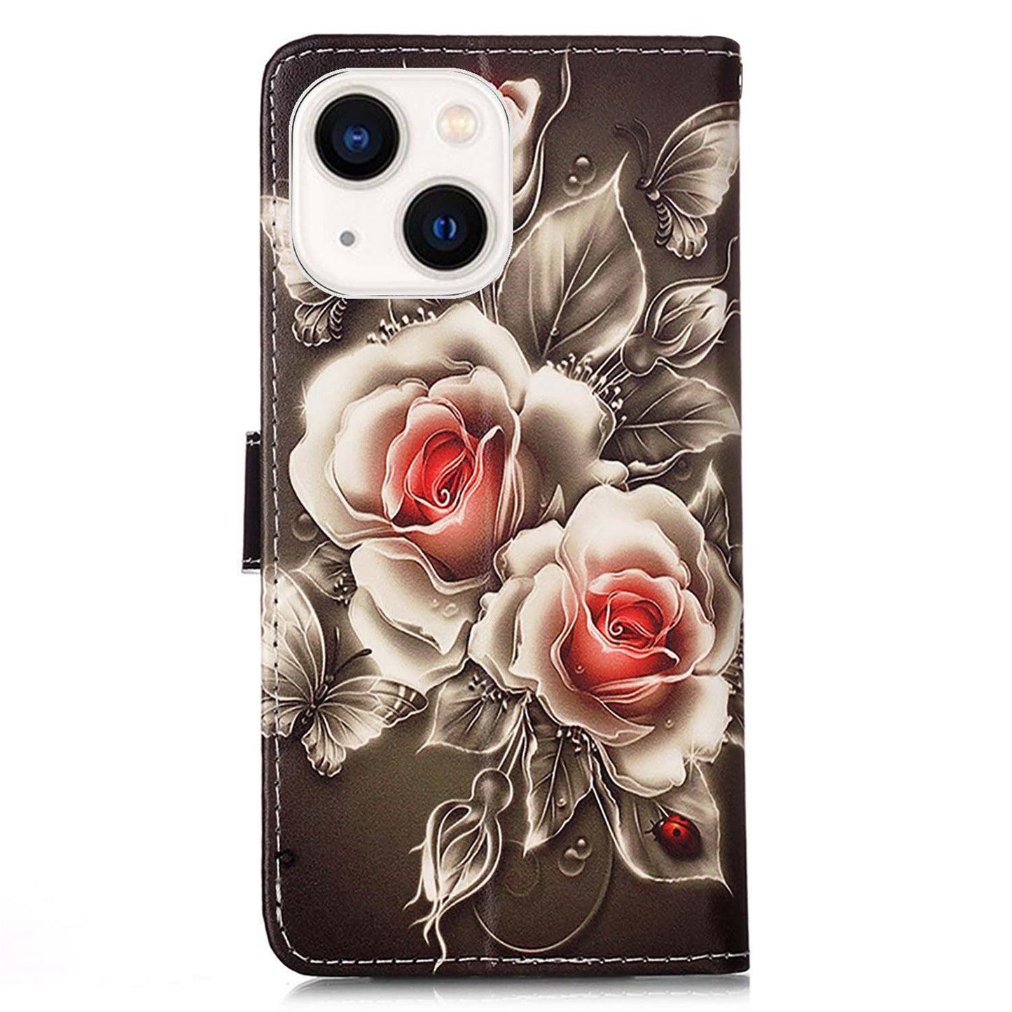 YB Pattern Printing Leather Series-4 for iPhone 15 Wallet Phone Case PU Leather Stand Cover - Rose
