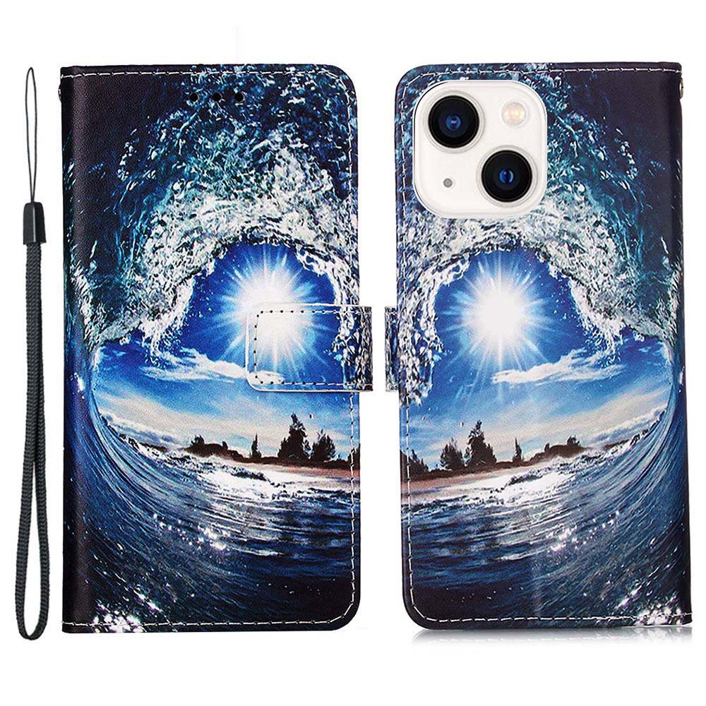 YB Pattern Printing Leather Series-4 for iPhone 15 Wallet Phone Case PU Leather Stand Cover - Wave and Sun