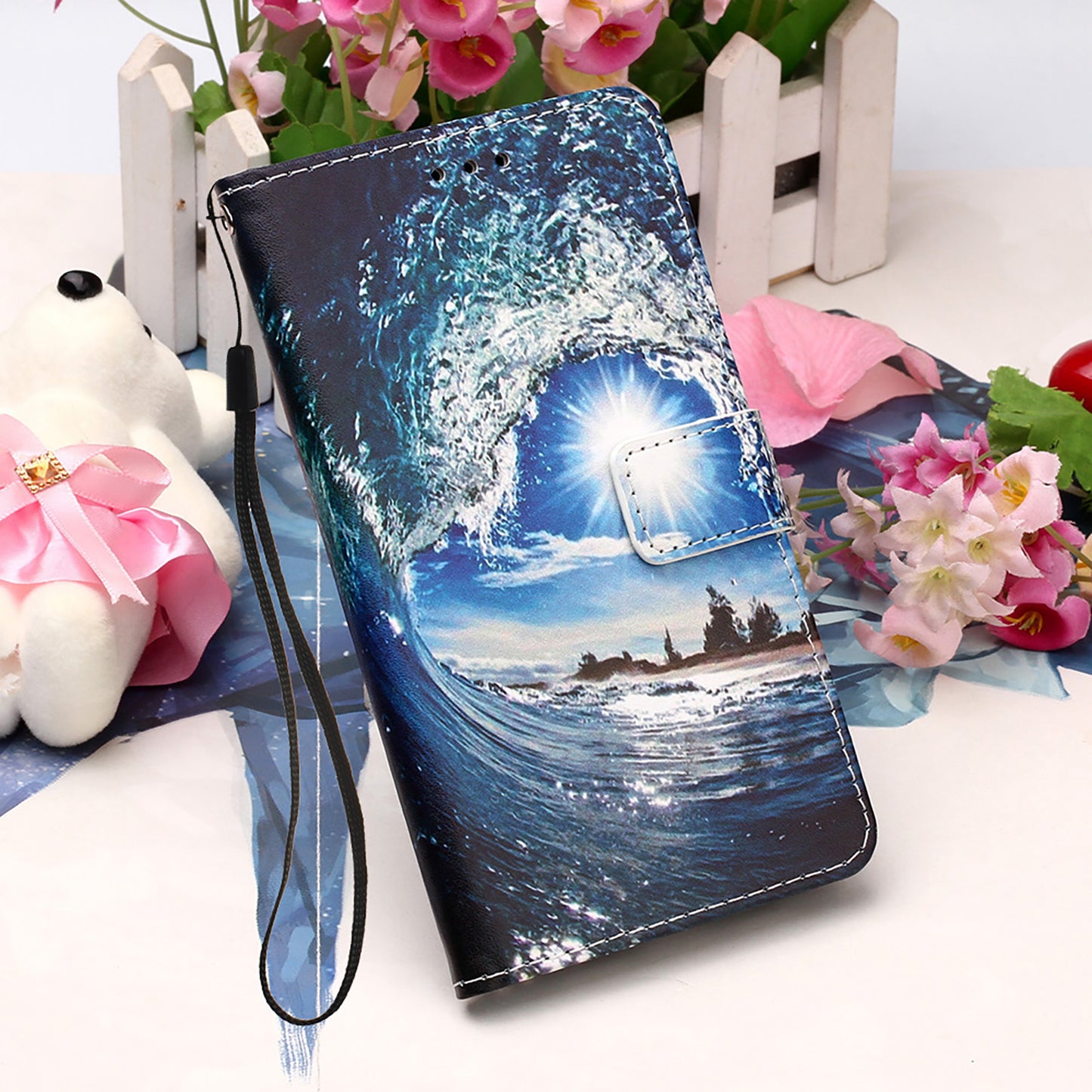 YB Pattern Printing Leather Series-4 for iPhone 15 Wallet Phone Case PU Leather Stand Cover - Wave and Sun