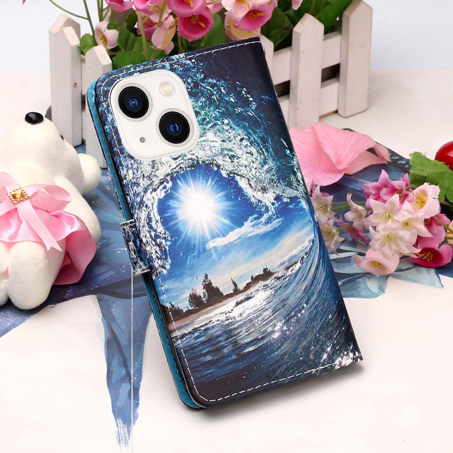 YB Pattern Printing Leather Series-4 for iPhone 15 Wallet Phone Case PU Leather Stand Cover - Wave and Sun