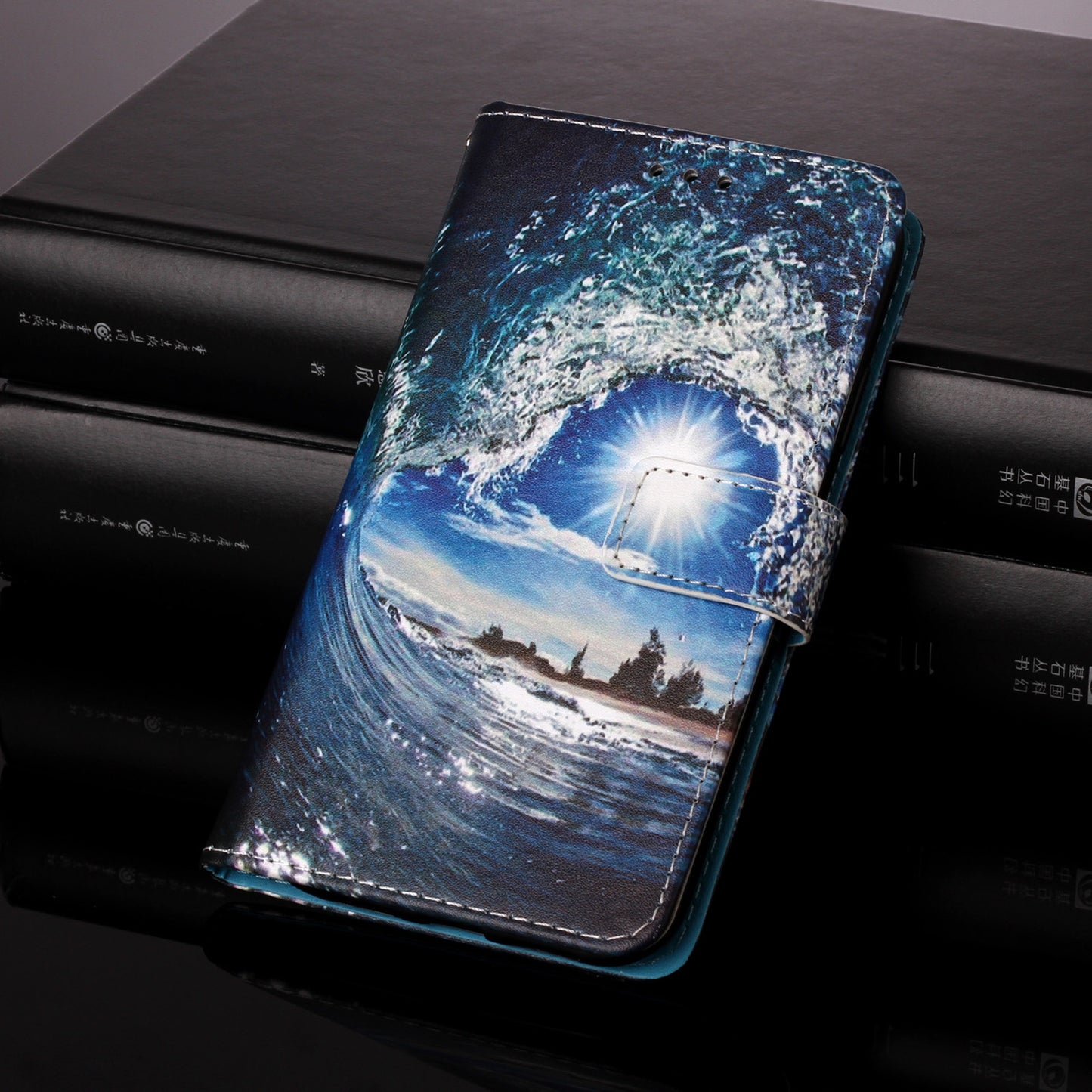 YB Pattern Printing Leather Series-4 for iPhone 15 Wallet Phone Case PU Leather Stand Cover - Wave and Sun