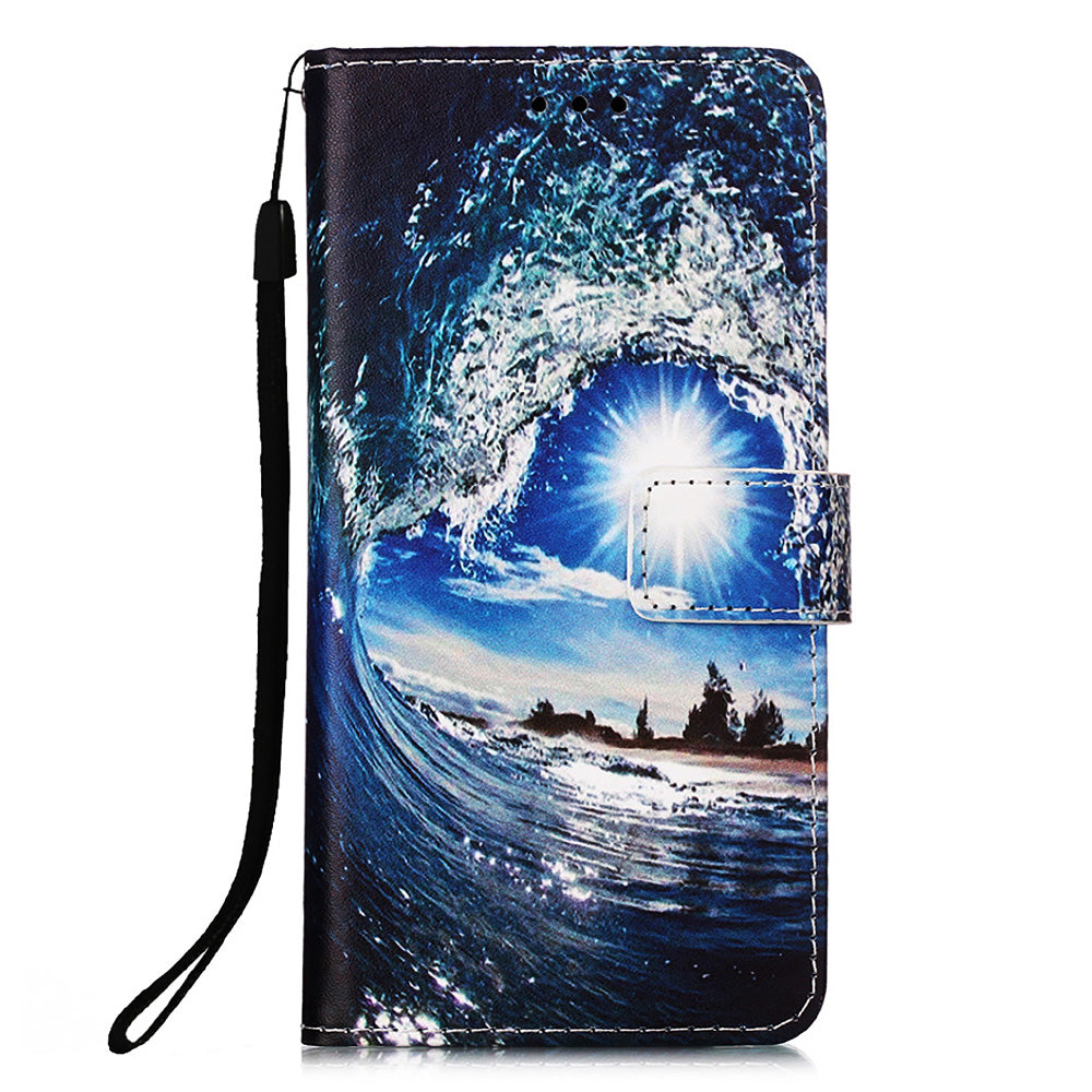 YB Pattern Printing Leather Series-4 for iPhone 15 Wallet Phone Case PU Leather Stand Cover - Wave and Sun