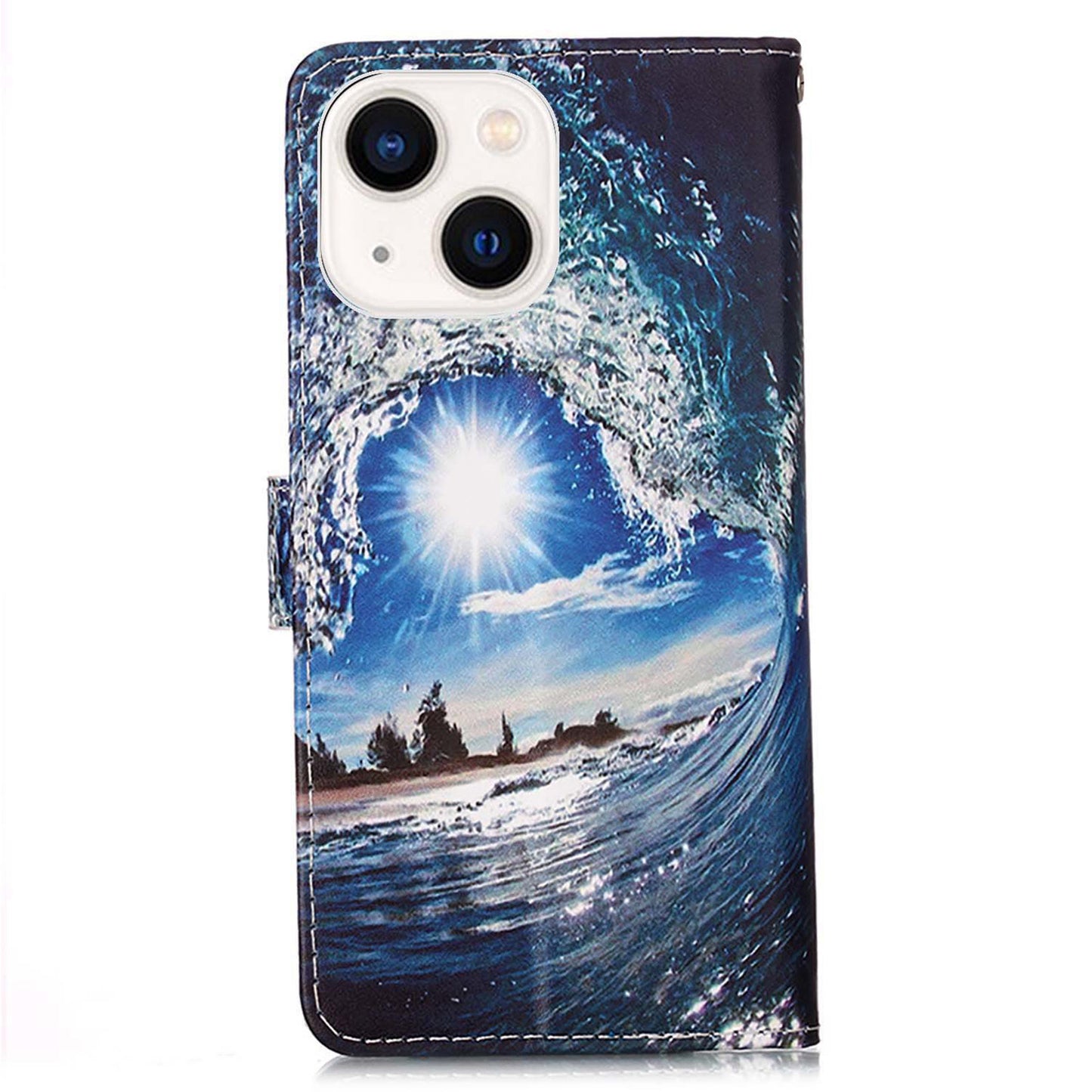 YB Pattern Printing Leather Series-4 for iPhone 15 Wallet Phone Case PU Leather Stand Cover - Wave and Sun