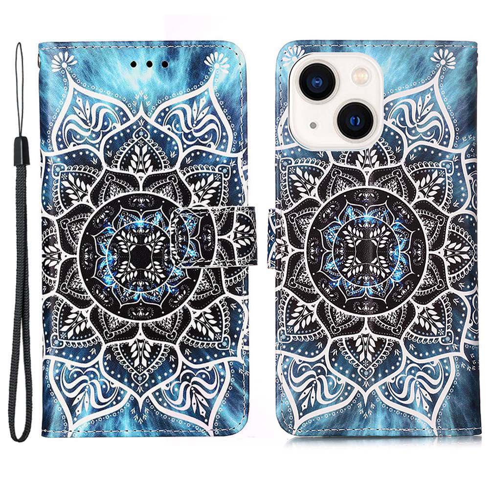 YB Pattern Printing Leather Series-4 for iPhone 15 Wallet Phone Case PU Leather Stand Cover - Mandala Flower