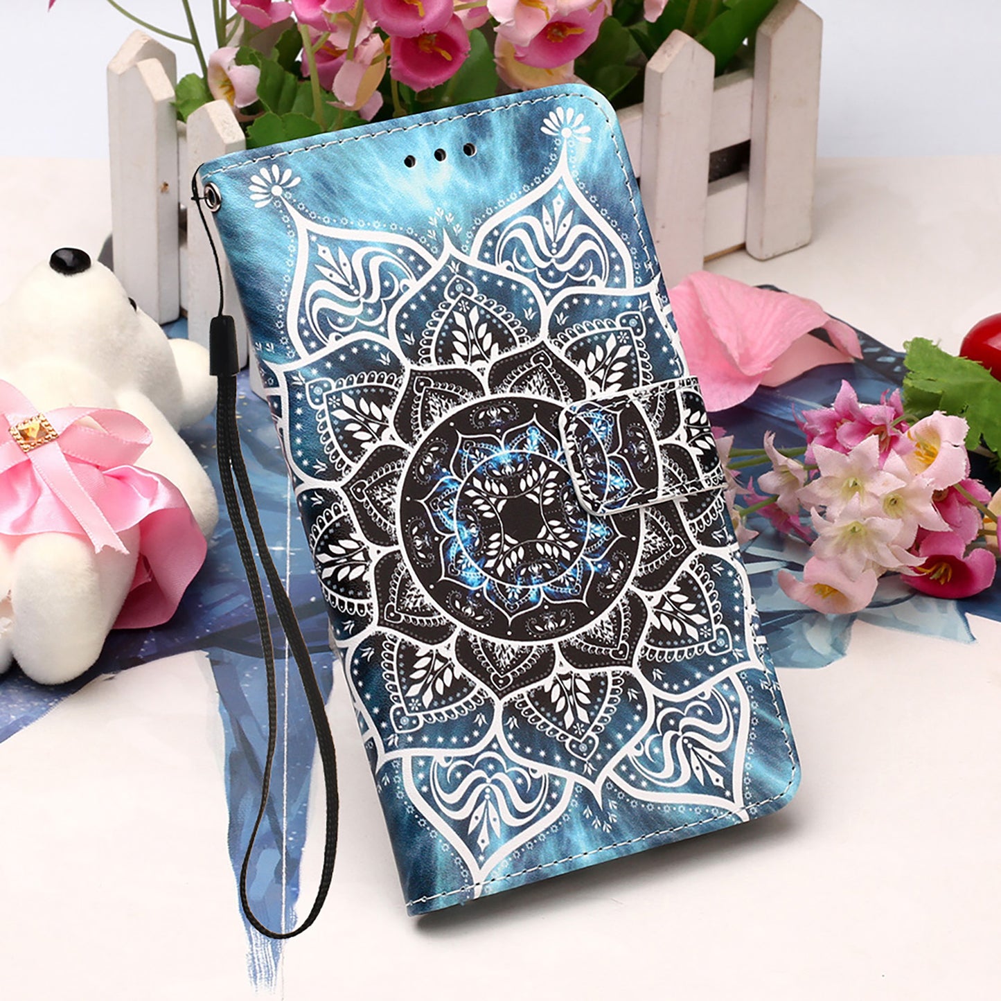 YB Pattern Printing Leather Series-4 for iPhone 15 Wallet Phone Case PU Leather Stand Cover - Mandala Flower