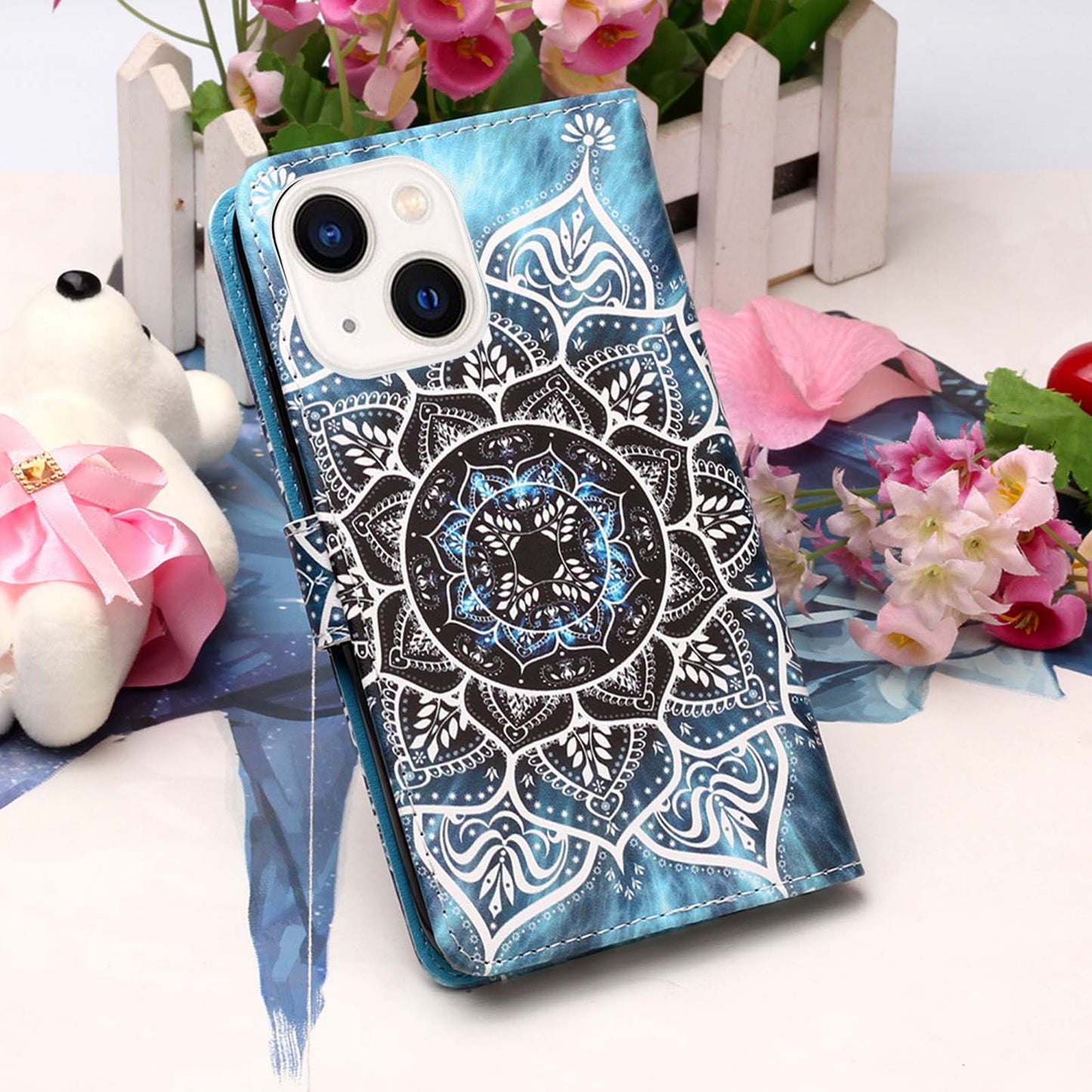 YB Pattern Printing Leather Series-4 for iPhone 15 Wallet Phone Case PU Leather Stand Cover - Mandala Flower