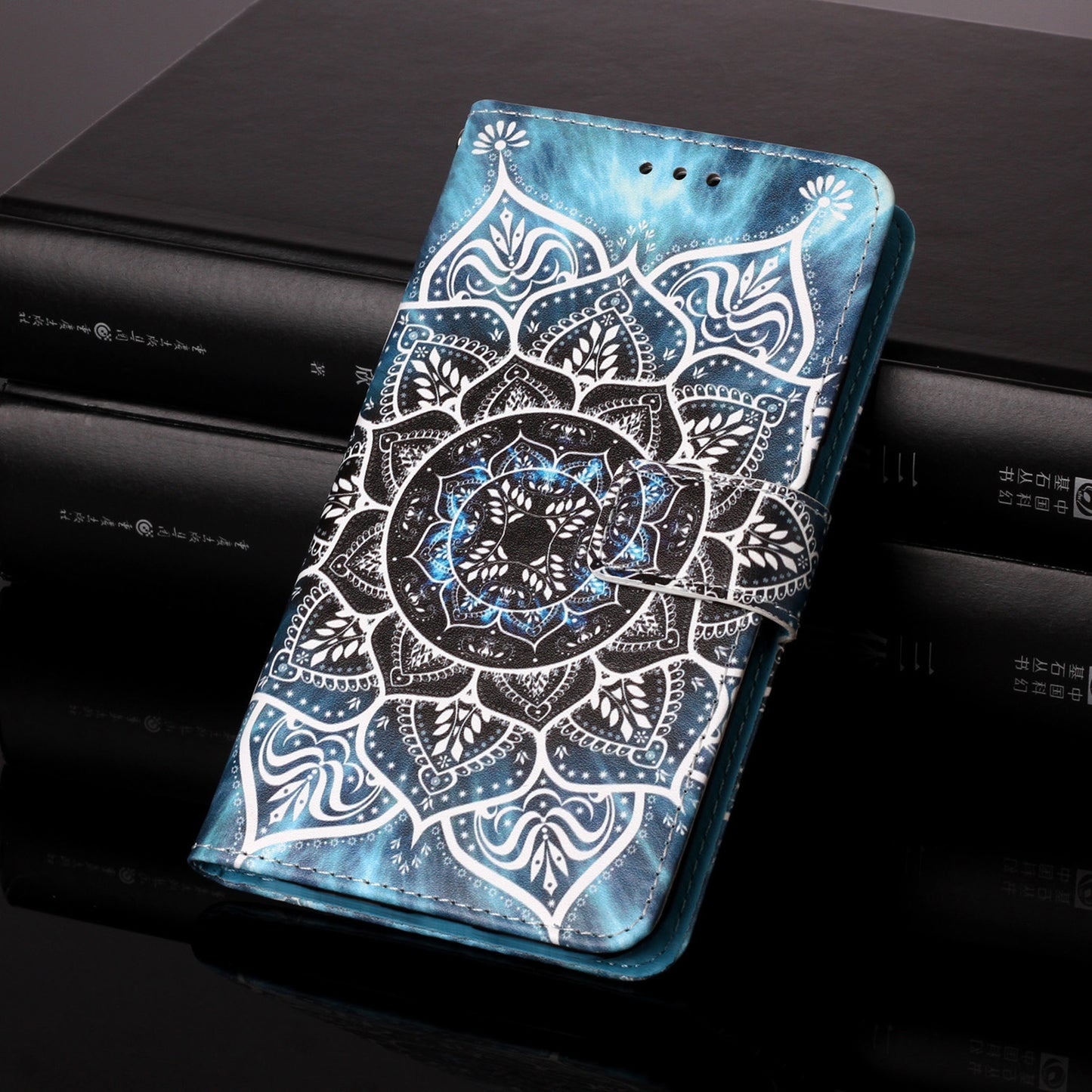YB Pattern Printing Leather Series-4 for iPhone 15 Wallet Phone Case PU Leather Stand Cover - Mandala Flower