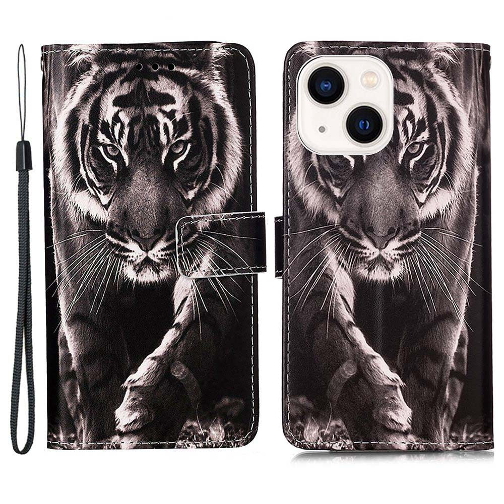 YB Pattern Printing Leather Series-4 for iPhone 15 Wallet Phone Case PU Leather Stand Cover - Tiger